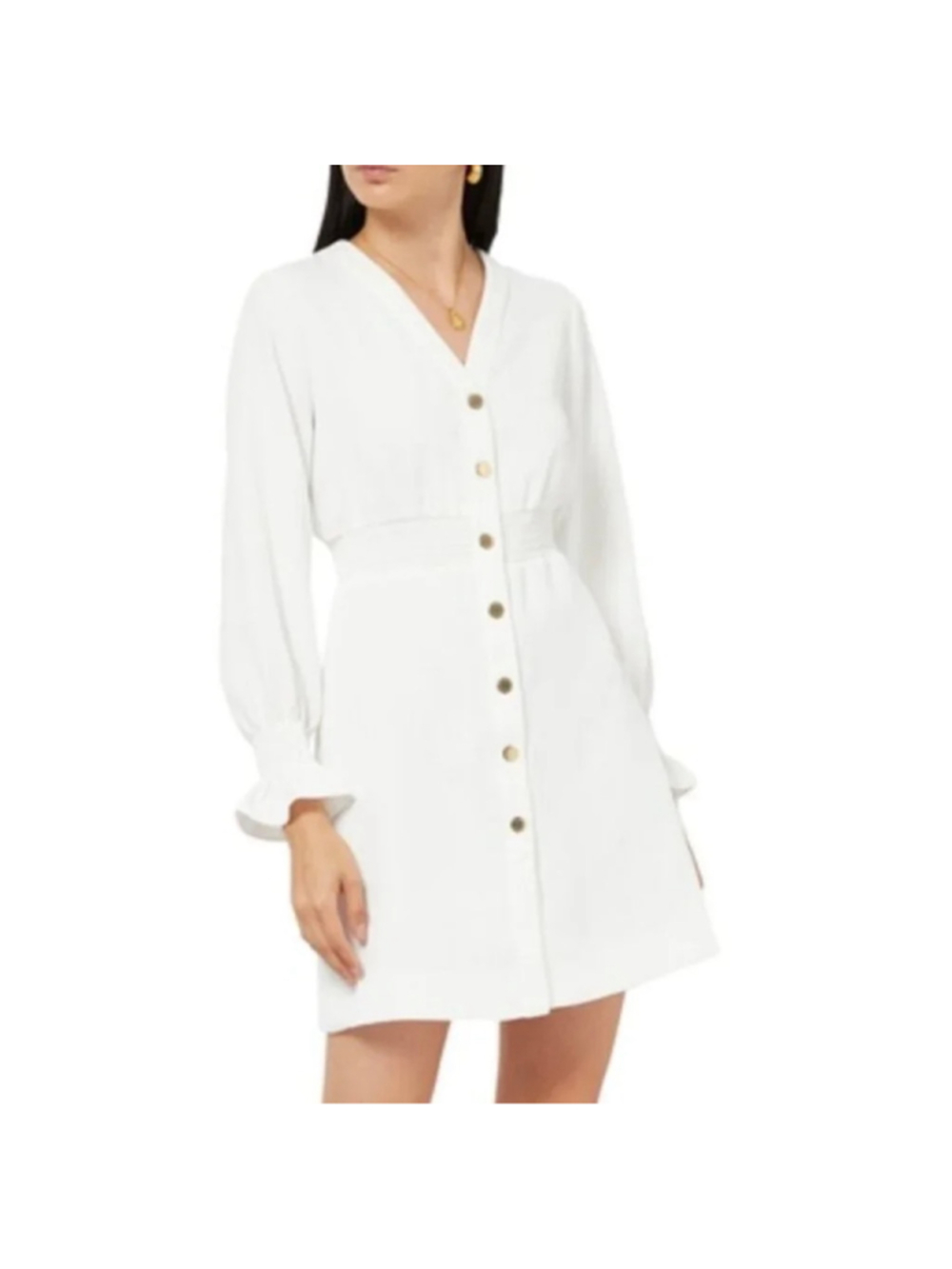 Sandro Lylie White Long Sleeve Button Down Smocked Waist Mini Dress, Size Small